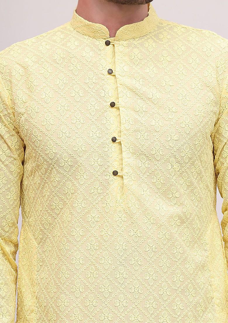 Yellow Embroidered Poly Blend Kurta Set For Men