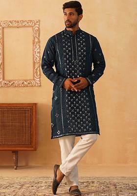 Blue Embroidered Poly Blend Kurta Set For Men