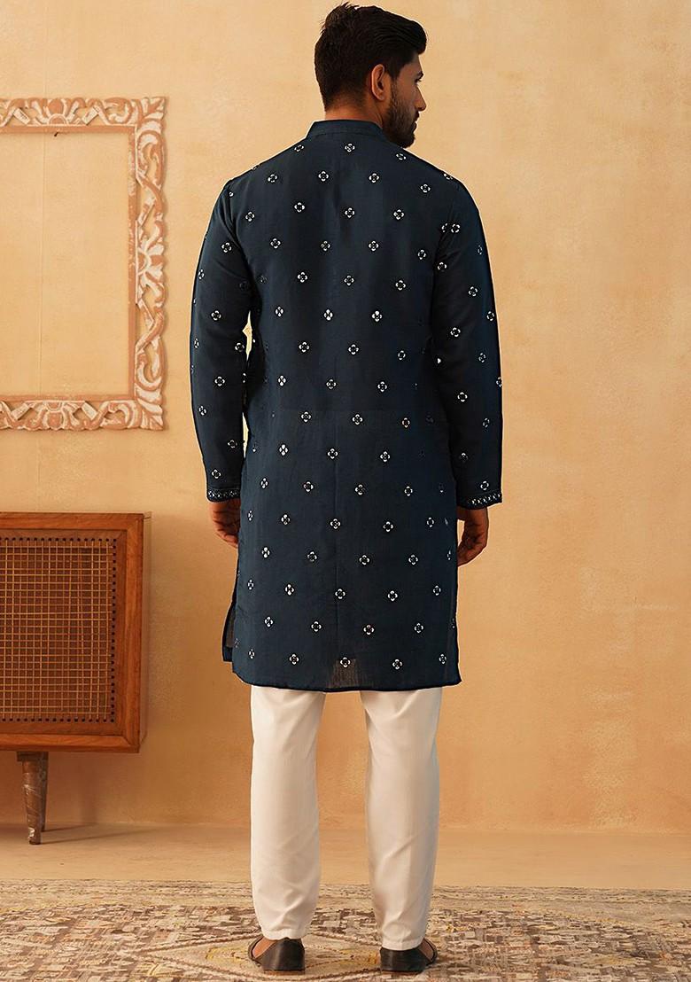 Blue Embroidered Poly Blend Kurta Set For Men