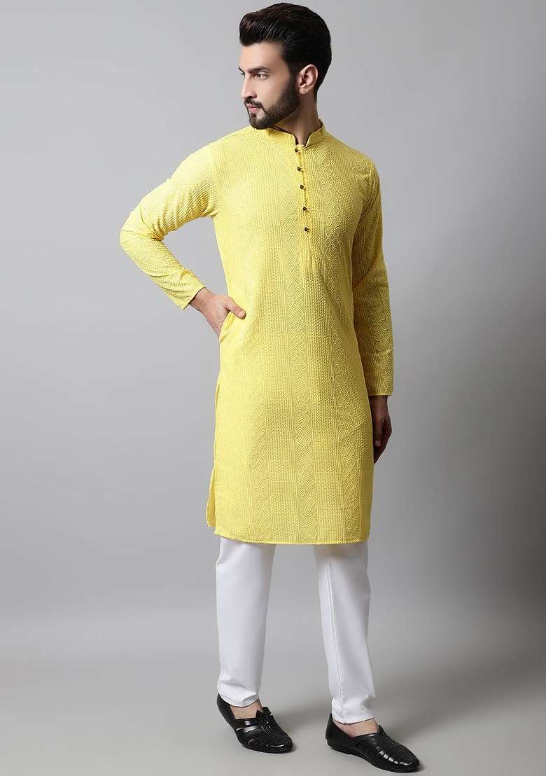 Yellow Ethnic Motif Poly Blend Kurta Set For Men - Indya