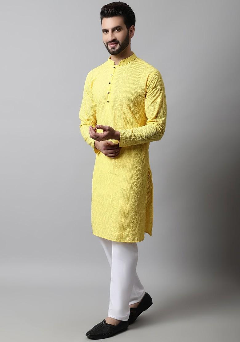 Yellow Ethnic Motif Poly Blend Kurta Set For Men