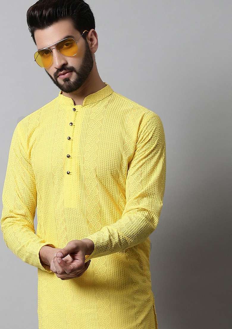 Yellow Ethnic Motif Poly Blend Kurta Set For Men - Indya