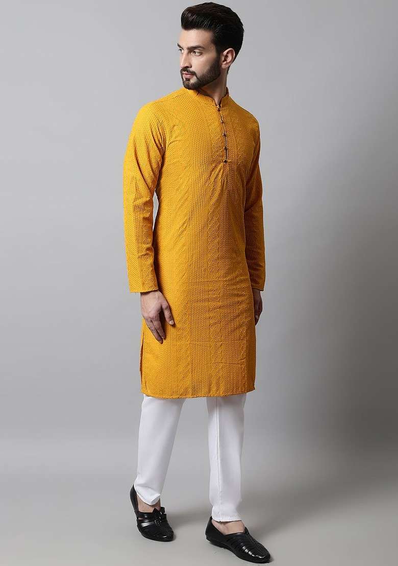Mustard Yellow Embroidered Poly Blend Kurta Set For Men - Indya