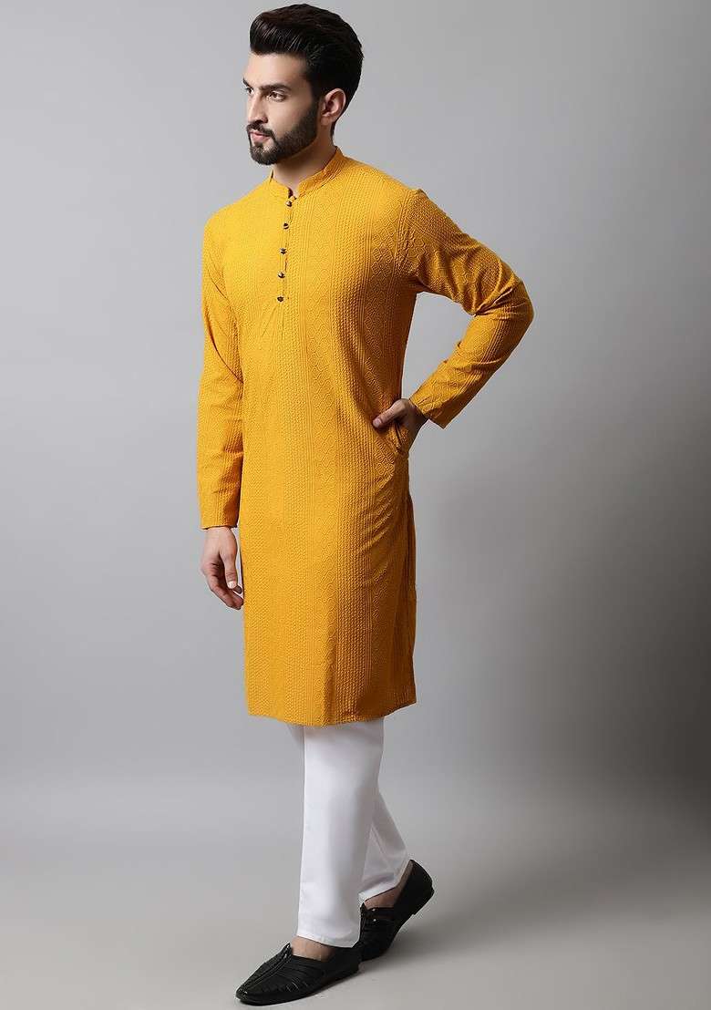 Mustard Yellow Embroidered Poly Blend Kurta Set For Men - Indya