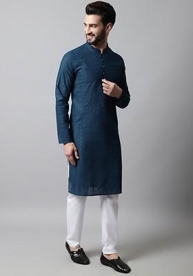 Teal Blue Embroidered Poly Blend Kurta Set For Men