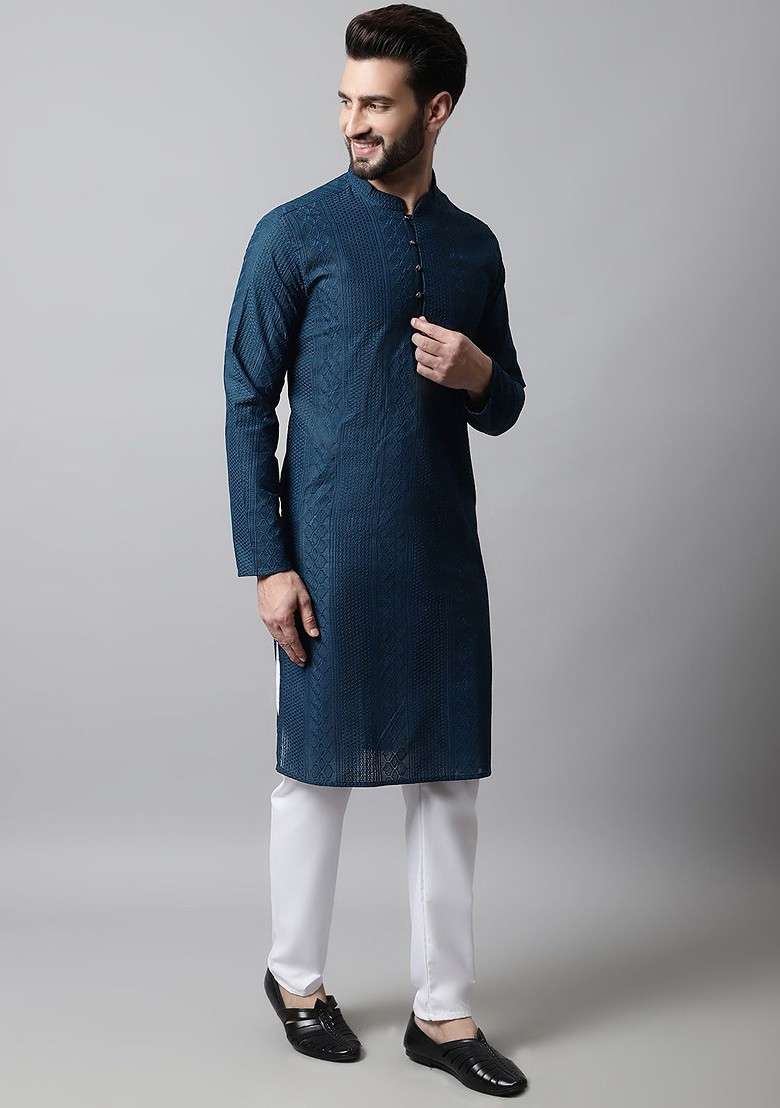 Teal Blue Embroidered Poly Blend Kurta Set For Men - Indya
