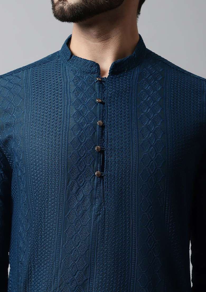 Teal Blue Embroidered Poly Blend Kurta Set For Men - Indya