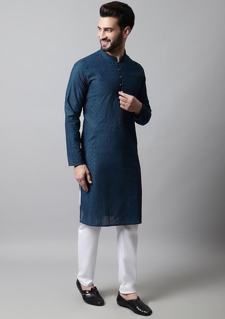 Teal Blue Embroidered Poly Blend Kurta Set For Men