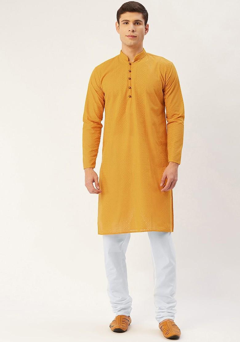 Mustard Yellow Embroidered Poly Blend Kurta Set For Men
