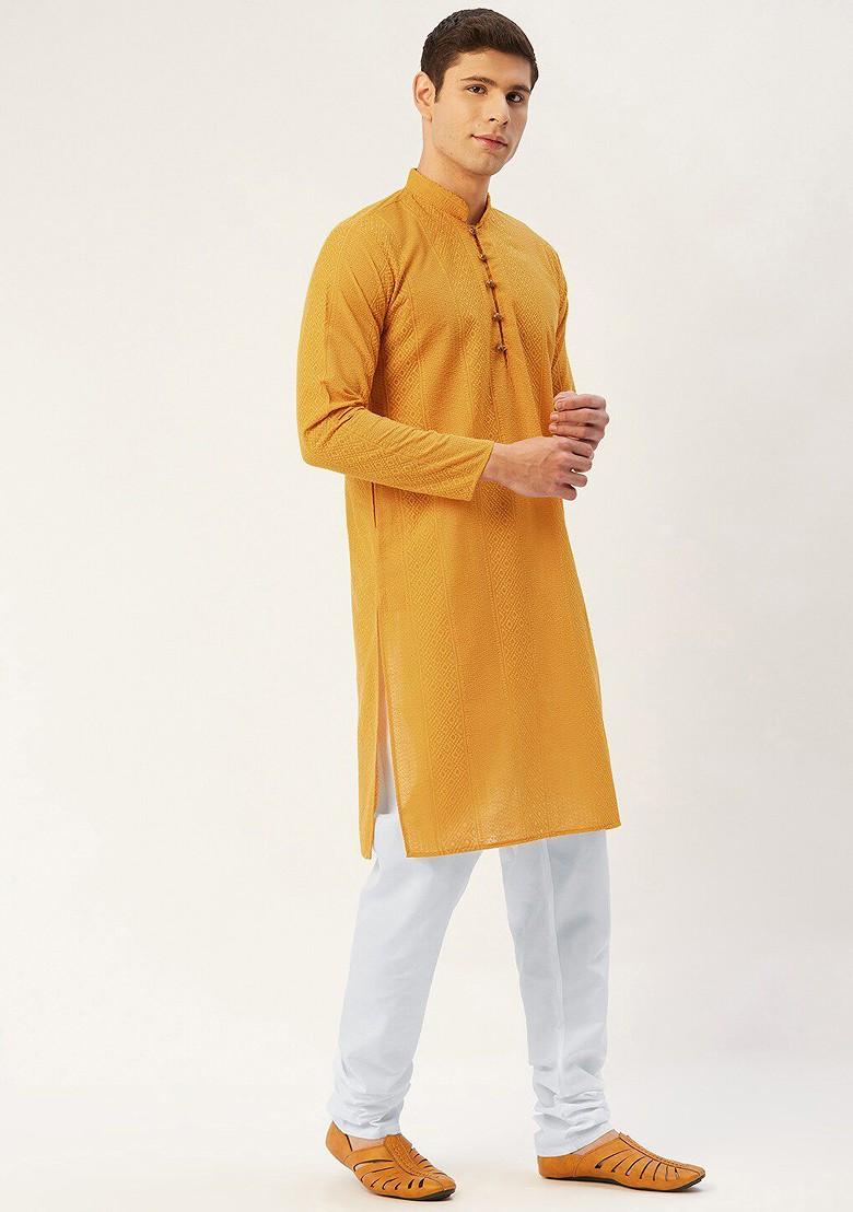 Mustard Yellow Embroidered Poly Blend Kurta Set For Men