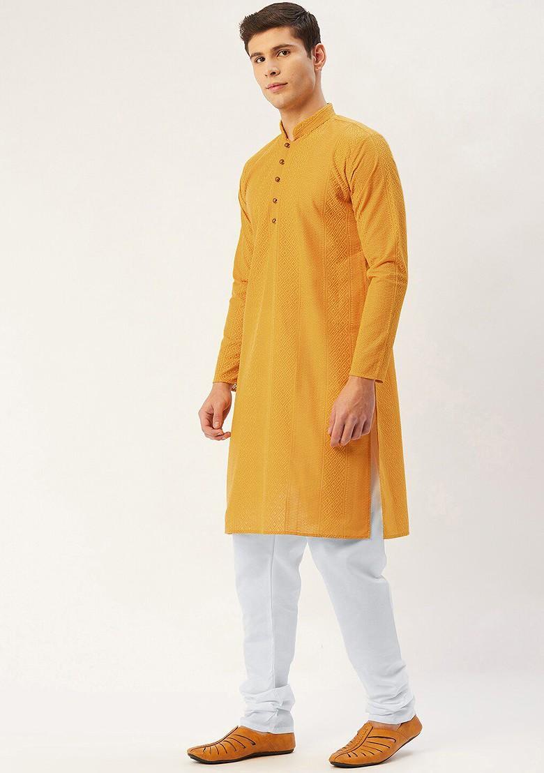 Mustard Yellow Embroidered Poly Blend Kurta Set For Men