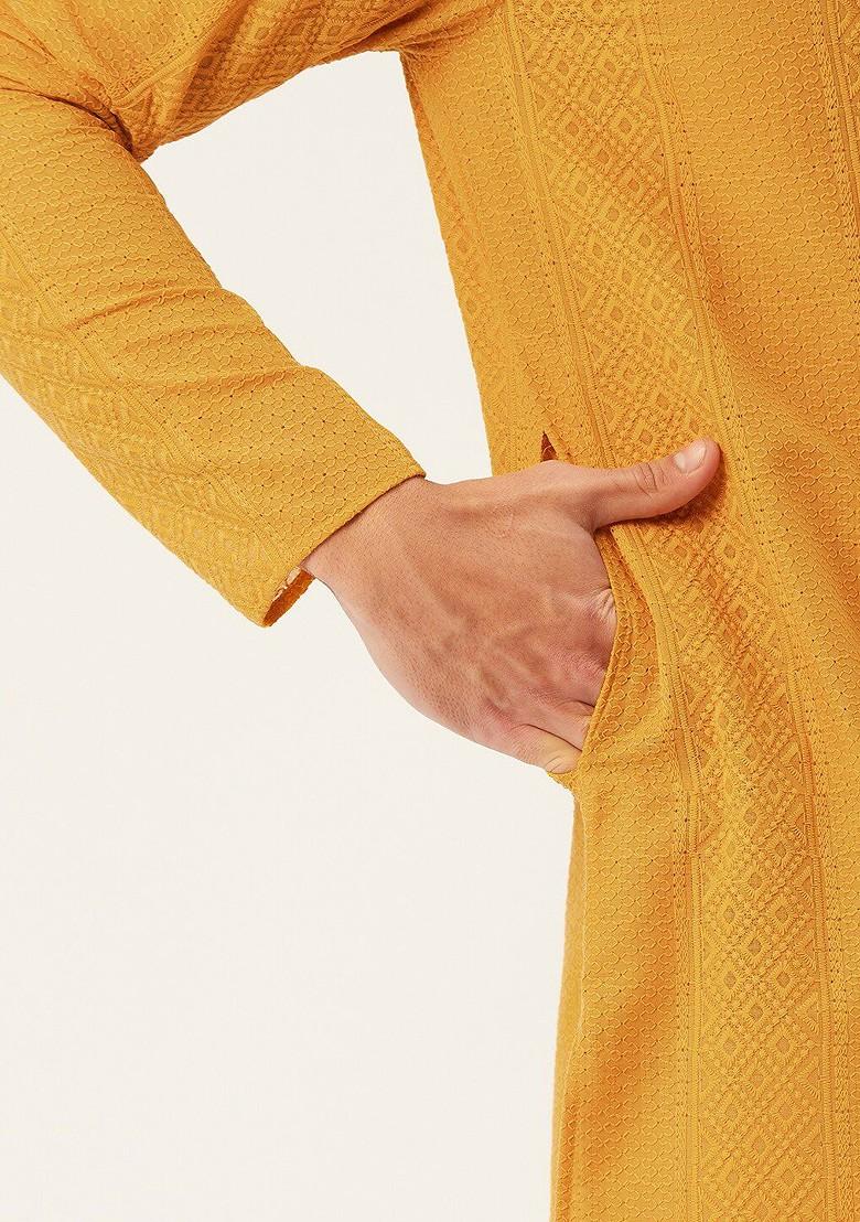 Mustard Yellow Embroidered Poly Blend Kurta Set For Men