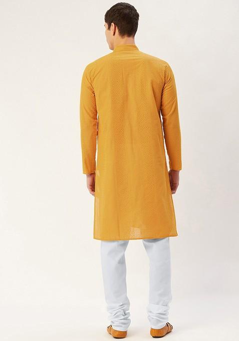 Mustard Yellow Embroidered Poly Blend Kurta Set For Men
