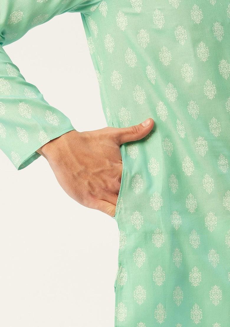Sea Green Printed Poly Blend Kurta Set For Men