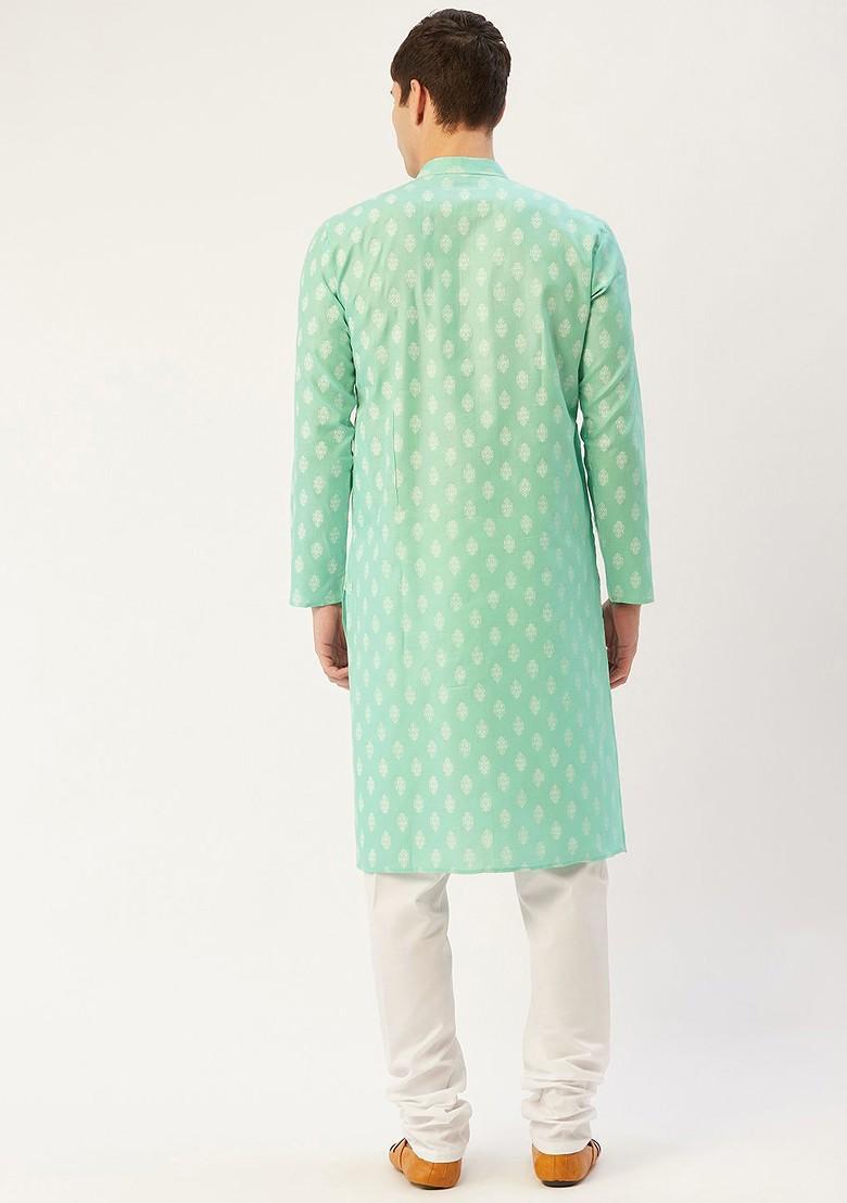 Sea Green Printed Poly Blend Kurta Set For Men
