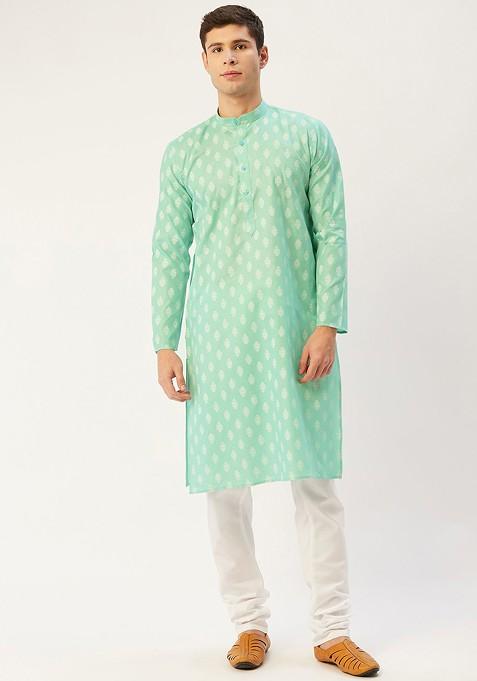 Sea Green Printed Poly Blend Kurta Set For Men