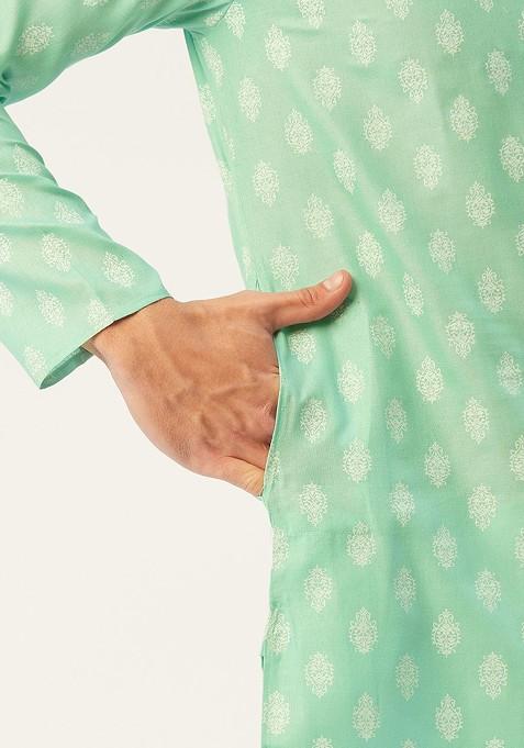 Sea Green Printed Poly Blend Kurta Set For Men