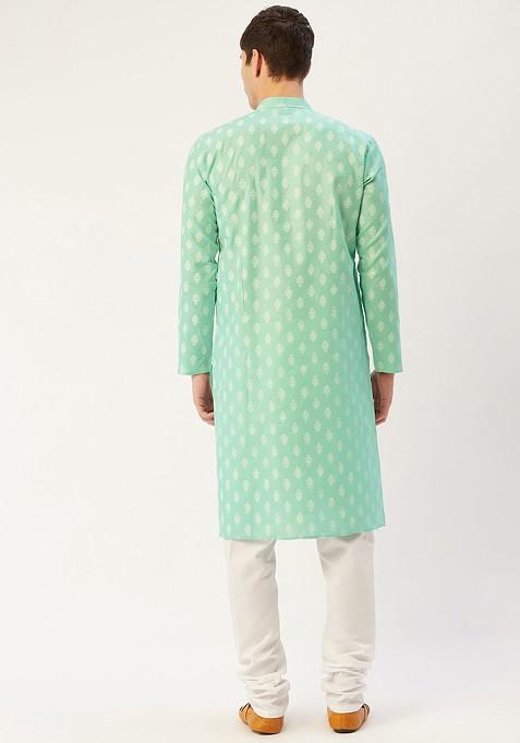Sea Green Printed Poly Blend Kurta Set For Men