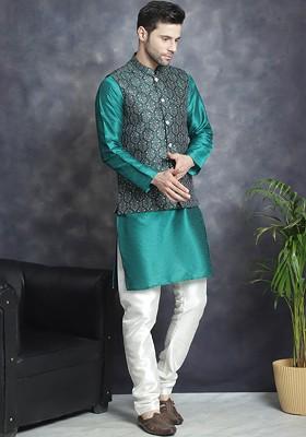Olive Printed Poly Blend Kurta Set For Men