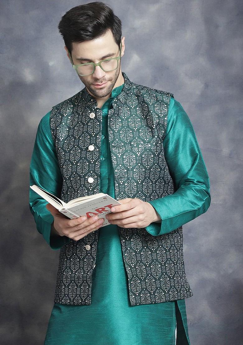 Olive Printed Poly Blend Kurta Set For Men