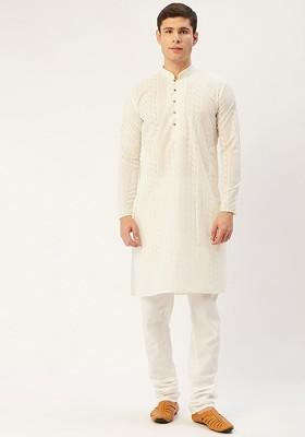 Cream Embroidered Poly Blend Kurta Set For Men