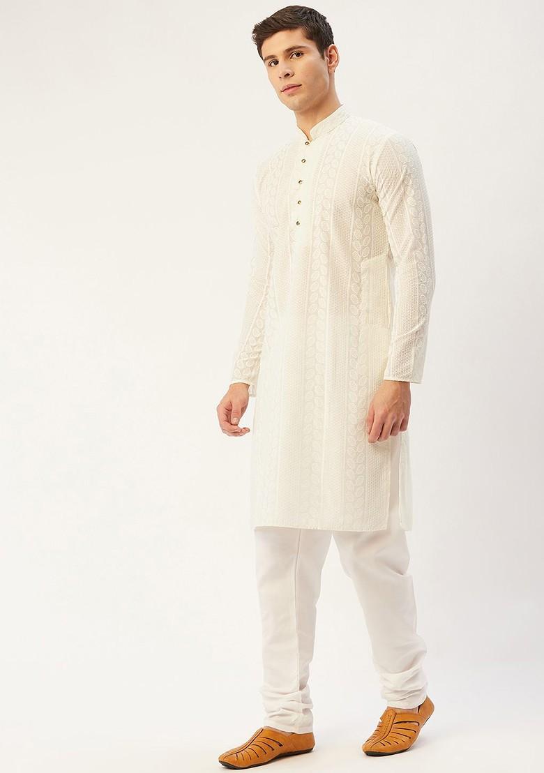 Cream Embroidered Poly Blend Kurta Set For Men