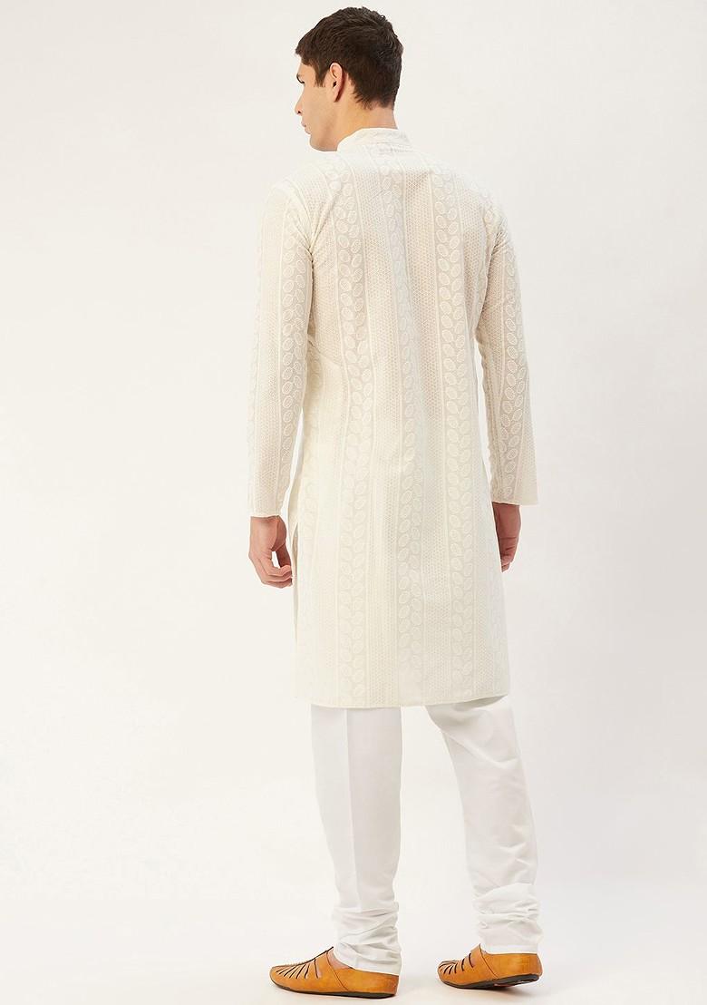 Cream Embroidered Poly Blend Kurta Set For Men