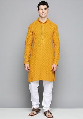 Mustard Yellow Embroidered Poly Blend Kurta Set For Men
