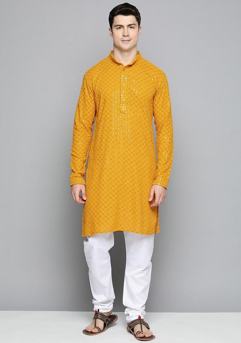 Mustard Yellow Embroidered Poly Blend Kurta Set For Men