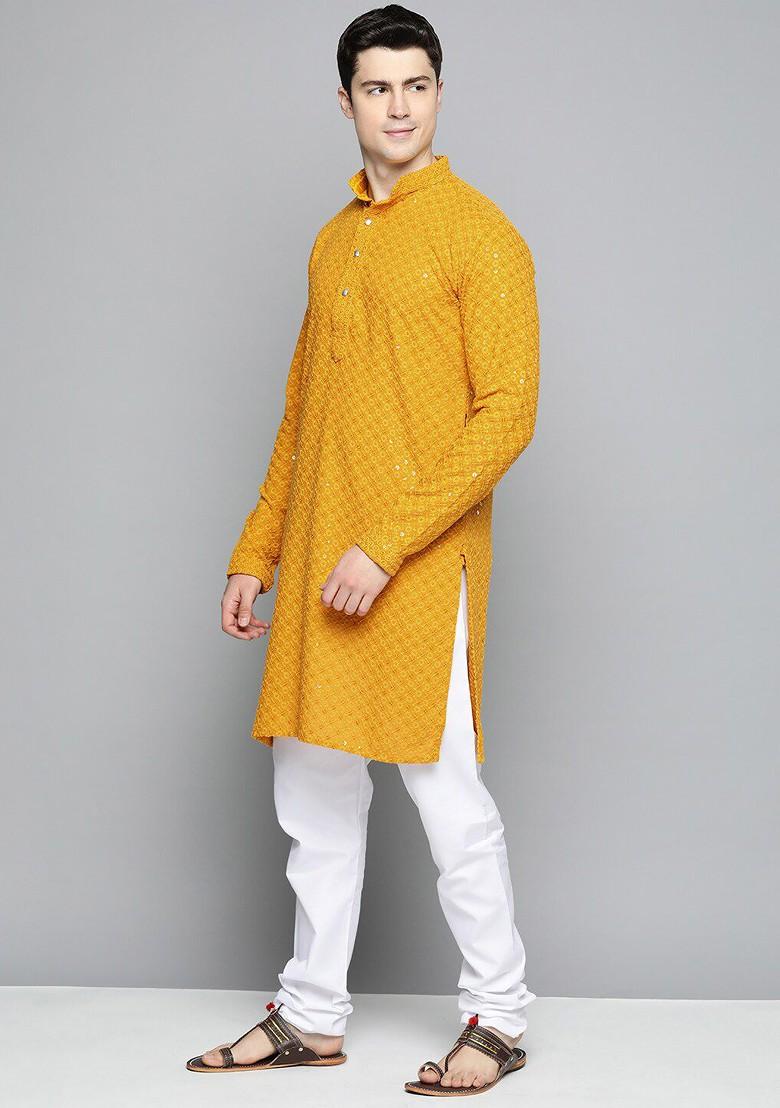 Mustard Yellow Embroidered Poly Blend Kurta Set For Men