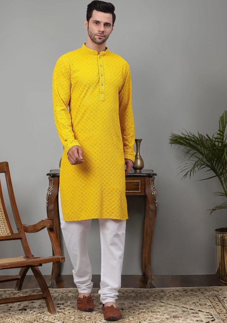 Yellow Embroidered Poly Blend Kurta Set For Men