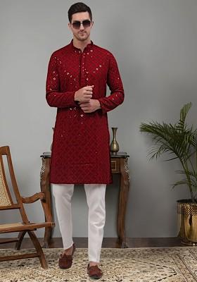 Maroon Embroidered Poly Blend Kurta Set For Men