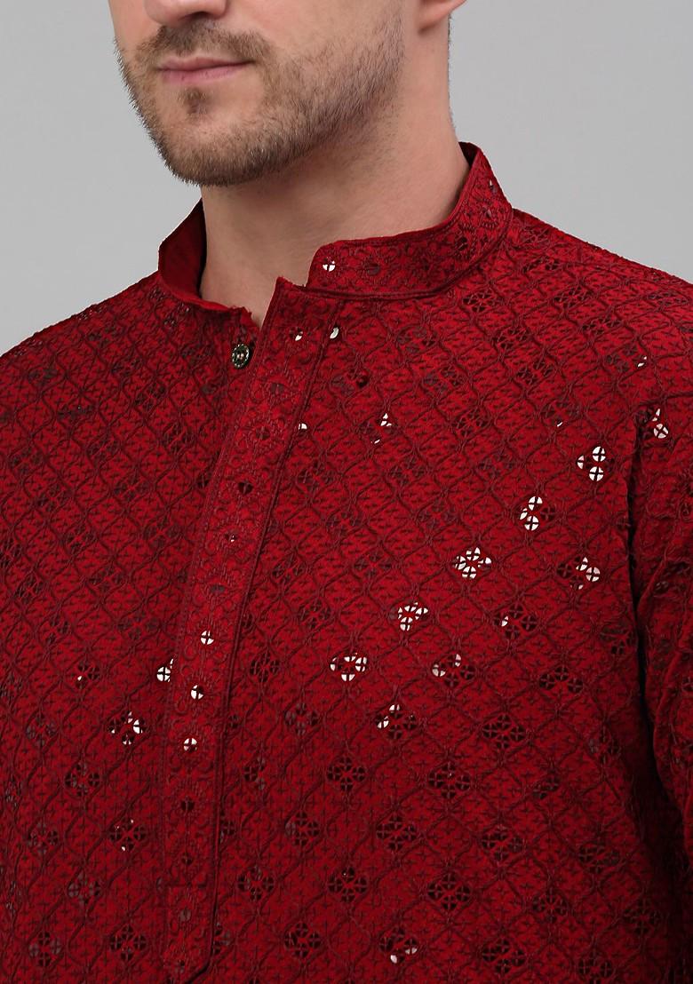 Maroon Embroidered Poly Blend Kurta Set For Men