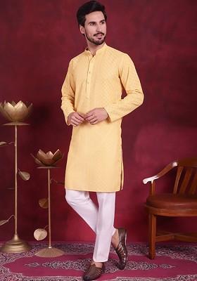 Yellow Embroidered Poly Blend Kurta Set For Men