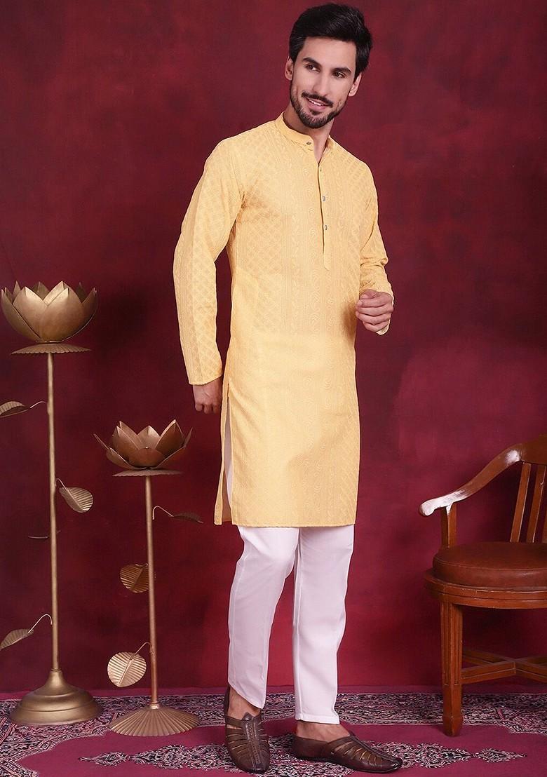 Yellow Embroidered Poly Blend Kurta Set For Men