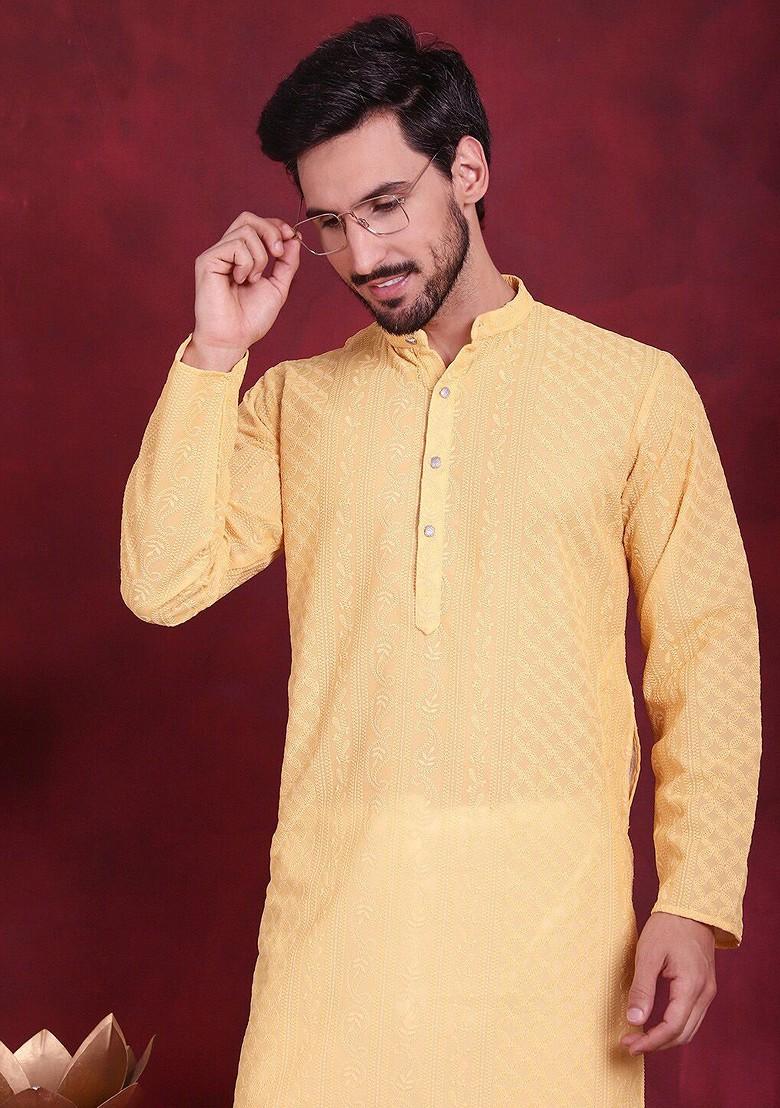 Yellow Embroidered Poly Blend Kurta Set For Men