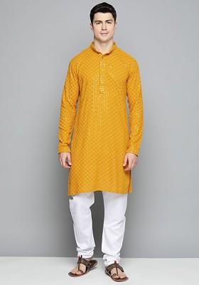 Mustard Yellow Embroidered Poly Blend Kurta Set For Men
