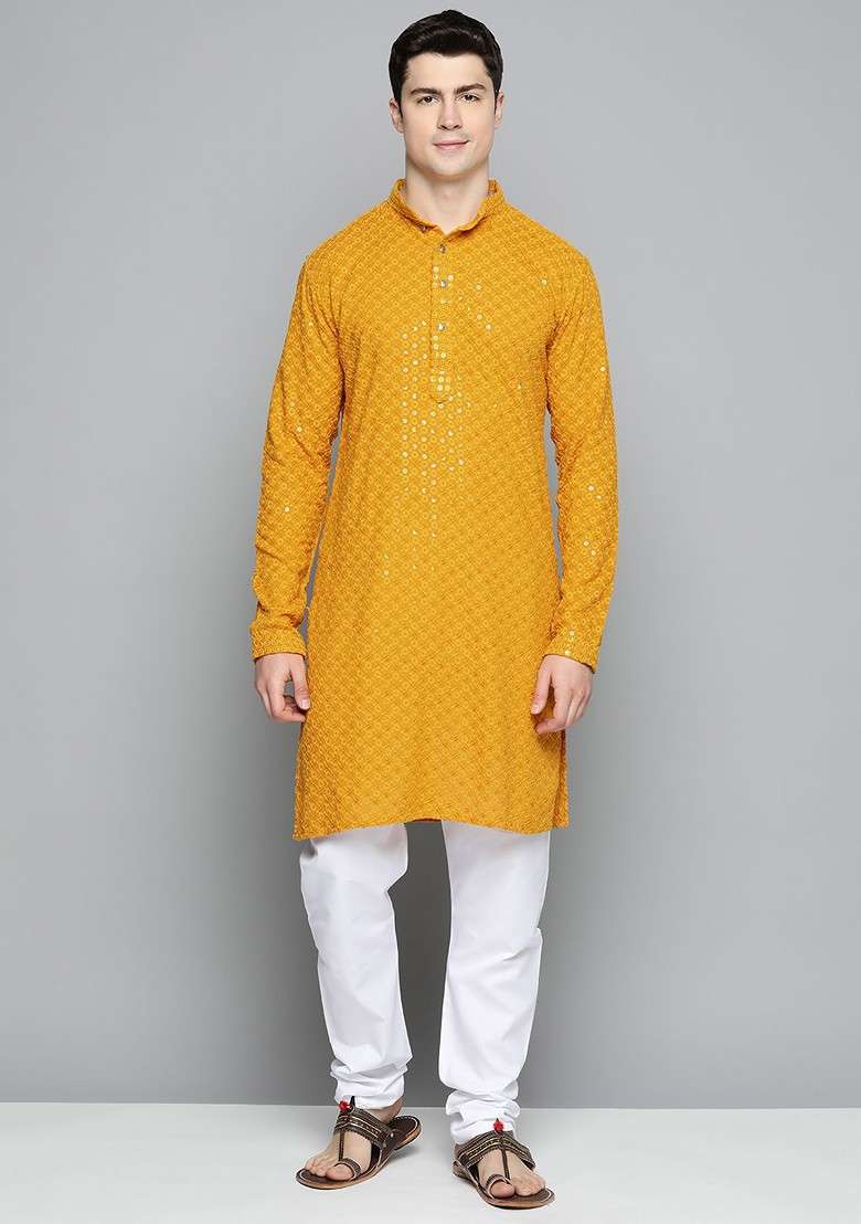Mustard Yellow Embroidered Poly Blend Kurta Set For Men - Indya
