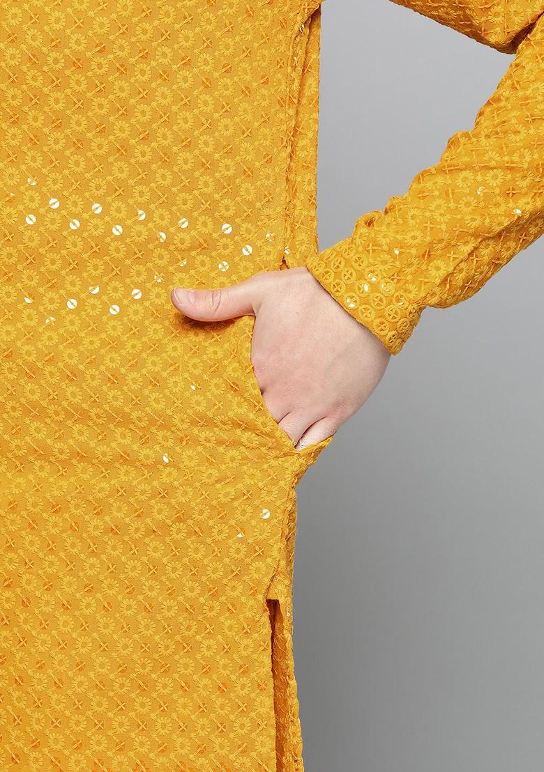 Mustard Yellow Embroidered Poly Blend Kurta Set For Men