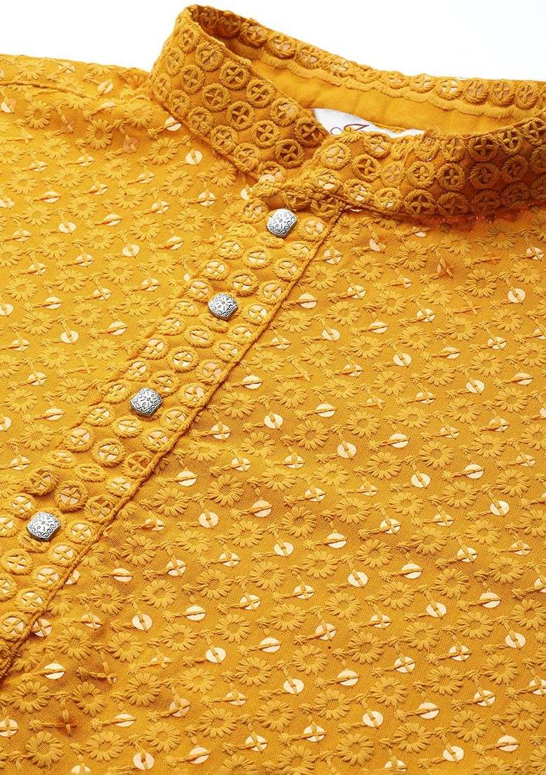 Mustard Yellow Embroidered Poly Blend Kurta Set For Men - Indya