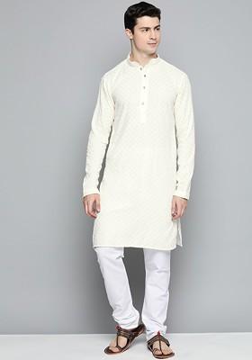 White Embroidered Poly Blend Kurta Set For Men