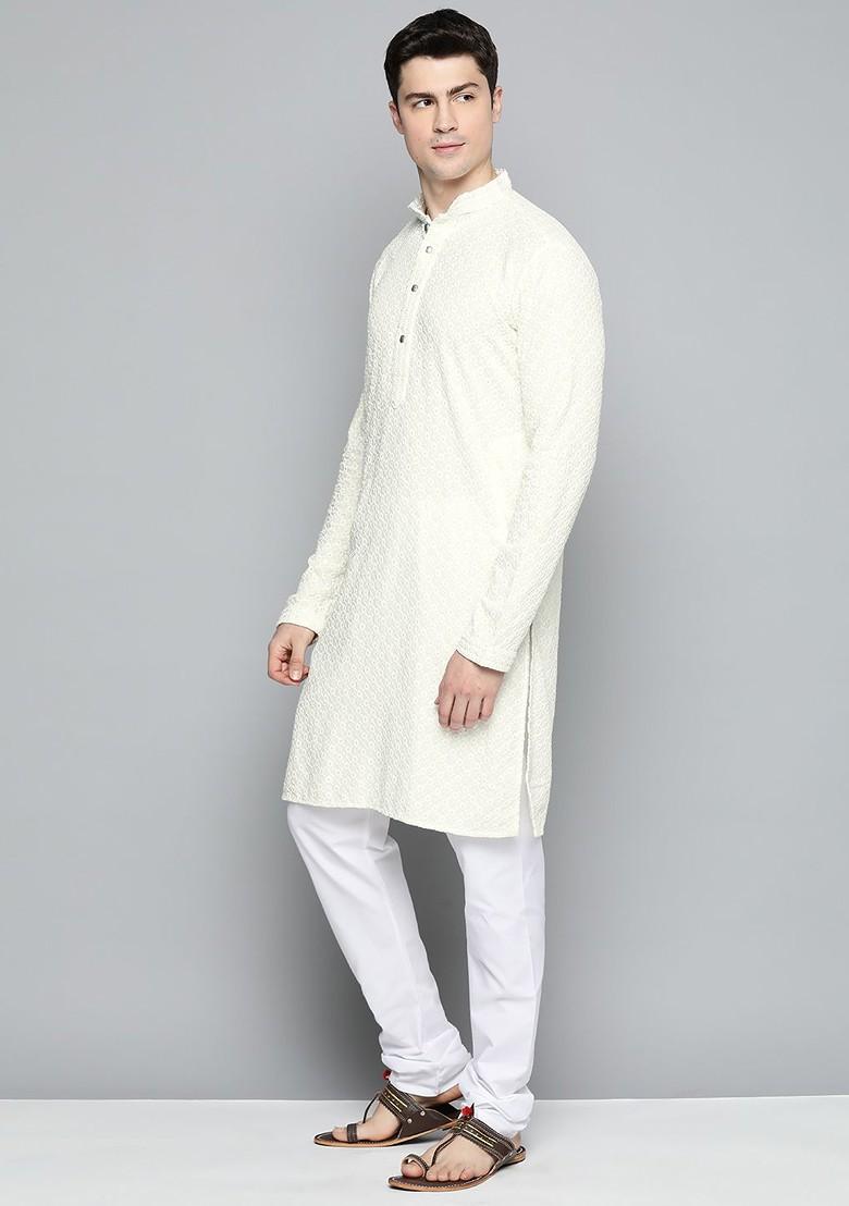 White Embroidered Poly Blend Kurta Set For Men