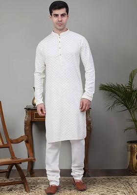 White Embroidered Poly Blend Kurta Set For Men