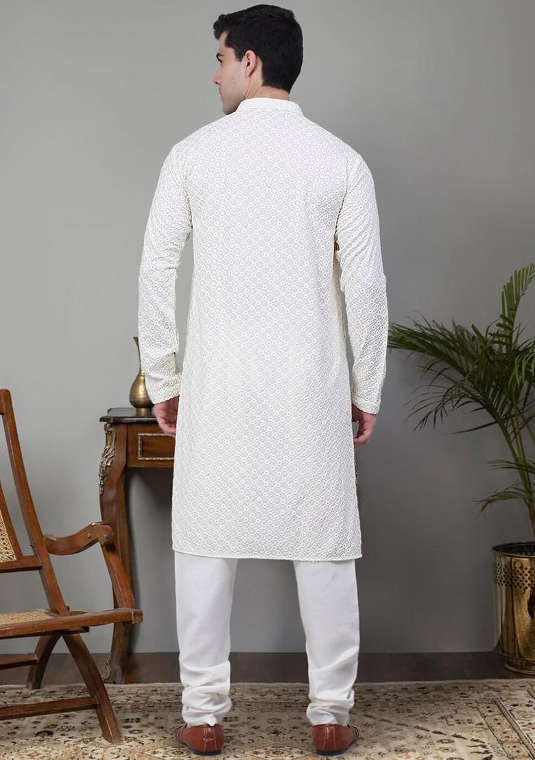White Embroidered Poly Blend Kurta Set For Men