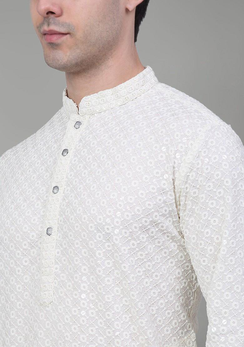 White Embroidered Poly Blend Kurta Set For Men