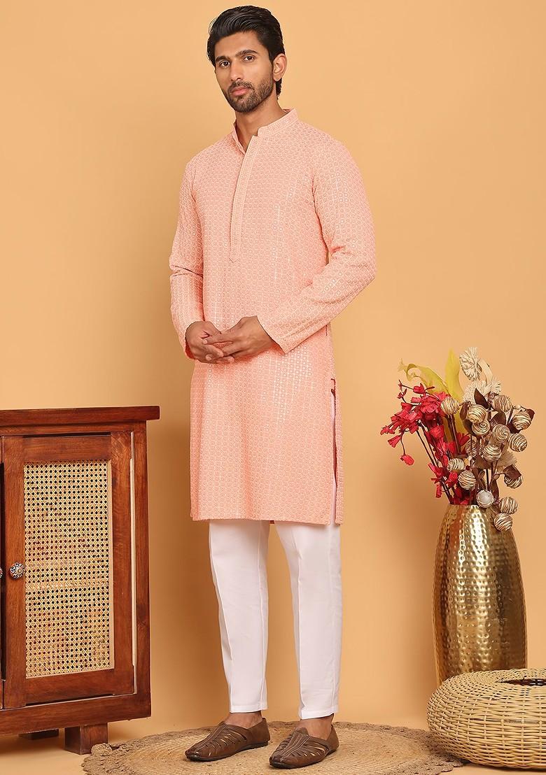 Peach Embroidered Poly Blend Kurta Set For Men