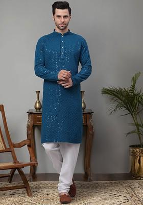 Blue Embroidered Poly Blend Kurta Set For Men