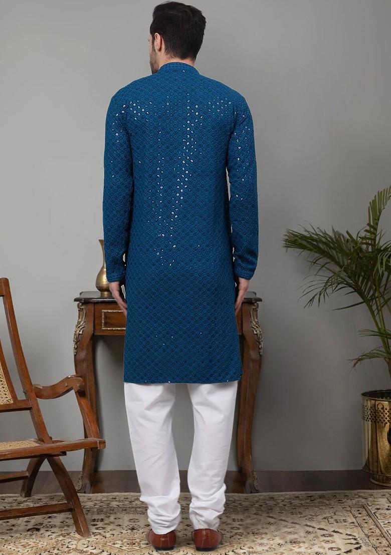 Blue Embroidered Poly Blend Kurta Set For Men