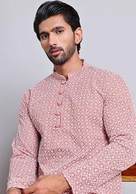 Coral Embroidered Poly Blend Kurta Set For Men