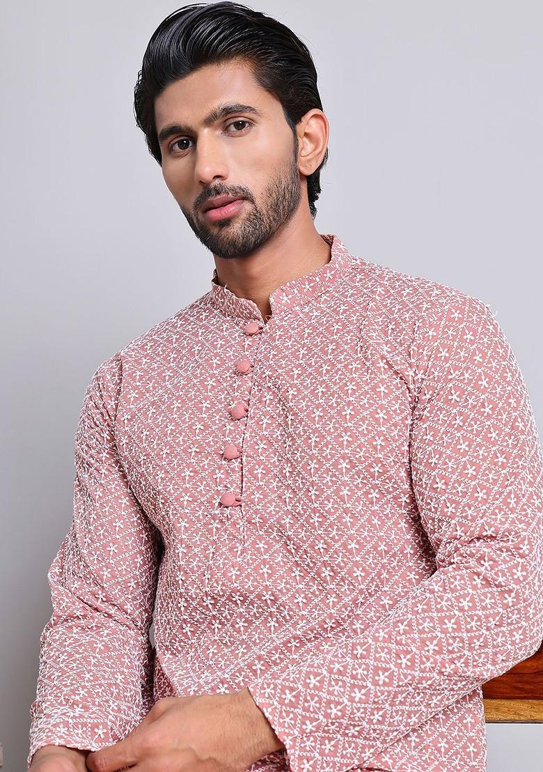 Coral Embroidered Poly Blend Kurta Set For Men